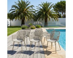 EGGREE Tuinstoelen voor buiten - set van 6 - kunststof stoelen met armleuningen en metalen poten - tuinstoelen voor buiten voor het terras - balkon - eetkamer en woonkamer - rugleuning met opengewerkt ontwerp - grijs