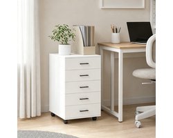 EGGREE Verrijdbaar ladenblok met 5 lades - verrijdbaar archiefkastje op 4 wielen - houten kantoorkast/onderbouwkast - smal ladenkastje/printermeubel - wit - 40 x 40 x 69 cm