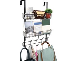 Egoods - Deurhanger met Haken en Manden voor Badkamer en Keuken - Zwart IJzeren Plank met Opslag - Handdoeken en Kleding Organizer