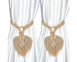 Egoods - Set van 2 gordijnhouders met bohemian bladkwasten en verstelbare houten parels - Hangende gordijnhouders van gebreid katoenen touw - Wandbekleding en decoratie voor thuis