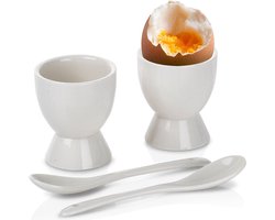 Eierdopjes met Lepel Porselein Wit 2 stuks - Eierdopje Set - Eierdoppen
