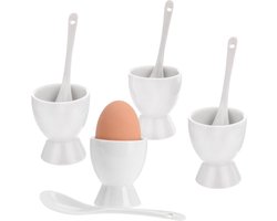 Eierdopjes met Lepel Porselein Wit 4 stuks - Eierdopje Set - Eierdoppen
