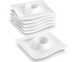 Eierdopjes met Schotel - Eierhouder - Eiderdoppen - Eierstandaard - Set van 6 - Keramiek - Wit