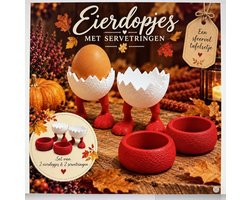 Eierdopjes op pootjes & servetringen – Set van 4 – Rood/Wit – Gezellig voor het kerstontbijt