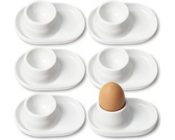 Eierdopjes porselein, set van 6 eierdopjes voor harde en zachtgekookte eieren, wit porseleinen eierdopje, premium eierhouder met geïntegreerde plank voor eierschalen, praktische eierhouders