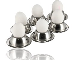 Eierdopjes RVS set van 6 - Stapelbare zilveren eierdopjes met voetjes - Rond servies voor ontbijt en pasen - Diameter 8,5cm, Hoogte 3,5cm