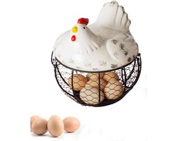 Eiermand Eierrek Eierhouder - Eieren Bewaren - Metaal Fruitschaal-Kippenontwerp Keramische eieropslagmand IJzeren mand voor 15 eieren - Eierhouder - Organizer Case - Container Eiermandhouder