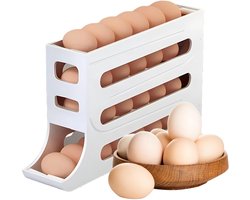 Eierrek - Eierdopjes - 4 verdiepingen - Eierdispenser en opbergrek - Eierrek voor koelkast - Eierroller - automatisch rollende eierhouder - Eierdoos - Opbergrek voor koelkast - Eierrek voor koelkast - Eieropslag voor koelkast