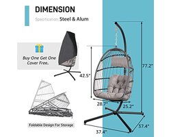 Eierschommelstoel met Standaard - Grijze Rieten Rotan Hangstoel voor Binnen en Buiten