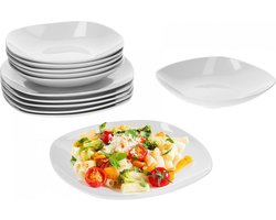 Eigentijds Porseleinen Servies voor 6 Personen - 12-Delige Witte Borden Set met Vierkante Vorm