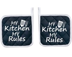 Eizook Pannenlappen 2 Stuks Navy Bedrukt - MY KITCHEN MY RULES - In WIT- Zacht Katoen met Polyester Pannenonderzetter Hittebestendige Pannenlap tot 250°C