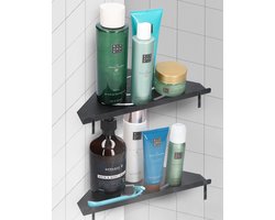 EJC Products Doucherek 2 laags - Doucherek zonder boren - Badkamerrek - Douche opbergrek - Douche organizer - Doucherekje hoek - Zwart