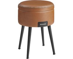 EKHO Collectie - Zitkruk, zitbank met opbergruimte, zitkist, kunstleer, naden, Mid-Century moderne stijl, modern, rond, stalen poten, tot 150 kg belastbaar, karamelbruin
