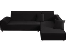 Elastische stretch bankhoes hoekbank L-vorm set van 2 - universele bankovertrek zwarte stof - 2-zits bankhoes met kussenslopen hoekbank overtrek