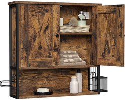 Elbeuf Badkamerkast - Kast in de badkamer - wandkast - opbergkast - met 2 deuren - verstelbare planken - met föhnhouder - industrieel design - vintage bruinzwart