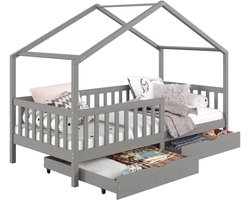 ELEA grenen huisbed 90 x 200 cm met uitvalbescherming en laden in grijs