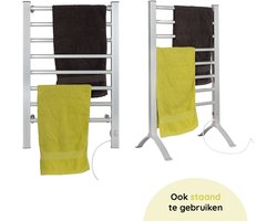 Eleganca Elektrisch Droogrek – B52 x D10 x H80 cm (Hangend) - B52 x D36.5 x H90 cm (Staand) – Verwarmd Droogrek voor snel Drogen van Handdoeken – Elektrisch - 220-240V - 150W - IPX4 - Zilver
