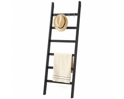 Eleganca Handdoekladder - 170 x 60 cm - Handdoekrek Badkamer - Decoratieve Ladder met 5 Ophanghaakjes - Extra Breed - Bamboe Zwart