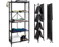 Eleganca Inklapbaar Opbergrek - 72 x 36 x 162 cm - Zwenkwielen - Opbergkast - Stellingkast - 5 Laags - Inklapbare plank kast - Wandkast - Draagvermogen 180 kg - Zwart