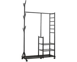 Eleganca Kledingrek op Wieltjes - 100 x 38 x 176 cm - Bamboe Garderoberek - Garderobekast met Kledingstang, Schoenenrek en Legplanken - Opbergkast - MDF en Fluweel - Zwart