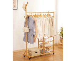 Eleganca Kledingrek op Wieltjes - 100 x 38 x 176 cm - Bamboe Garderoberek - Garderobekast met Kledingstang, Schoenenrek en Legplanken - Opbergkast - MDF en Fluweel - Bruin