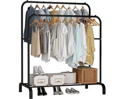 Eleganca Kledingrek XL - H148 x B110 x D55 cm - Garderoberek - Dressboy - Kledingstang - Dubbel Kledingrek - 2 Kledingstangen en Schoenenplank - Stevige Kledingrekken - Metaal - Zwart