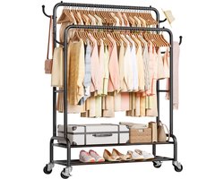 Eleganca Kledingrek XL - H156 x B112 x D42 cm - Garderoberek - Dubbel Kledingrek - 2 Kledingstangen en Schoenenplanken - Extra Stevige Kledingrekken - Metaal - Zwart