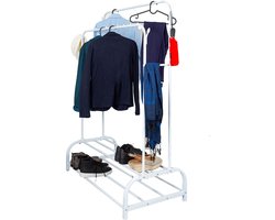 Eleganca Kledingrek XL - H157 x B110 x D56 cm - Garderoberek - Dressboy - Kledingstang - Dubbel Kledingrek - 2 Kledingstangen en 2 Schoenenplanken - Stevige Kledingrekken - Metaal - Wit
