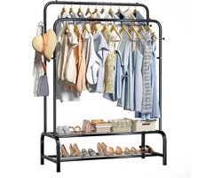 Eleganca Kledingrek XL - H157 x B110 x D56 cm - Garderoberek - Dressboy - Kledingstang - Dubbel Kledingrek - 2 Kledingstangen en 2 Schoenenplanken - Stevige Kledingrekken - Metaal - Zwart