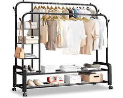 Eleganca Kledingrek XXL - Extra groot kledingrek op wielen - B150 x H162 x D50 cm - Garderoberek dubbel met haken en planken - Grote Kledingrekken - Metaal - Zwart