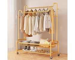 Eleganca Kledingrek XXL - H170 x B150 x D45 cm - Garderoberek op Wieltjes - Dressboy - Kledingstang - Kledingrek met Schoenenplank - Garderoberek met Ophanghaken - Kledingrek dubbel - Metaal - Goud