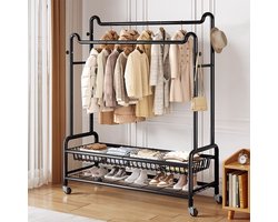Eleganca Kledingrek XXL - H170 x B150 x D45 cm - Garderoberek op Wieltjes - Dressboy - Kledingstang - Kledingrek met Schoenenplank - Garderoberek met Ophanghaken - Kledingrek dubbel - Metaal - Zwart