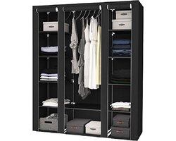 Eleganca Opvouwbare Kledingkast - L143 x B44 x H169 cm - Legkast - Opbergkast Slaapkamer - 12 Stoffenplanken en 1 Roede - Stoffen Garderobekast - Stalen Frame - Draagvermogen 225 kg - Zwart