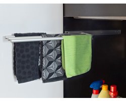 Eleganca Uittrekbaar Handdoekrek – Inbouwafmeting B17 x D46 x H5cm – Handdoekhouder uitschuifbaar tot 29cm – Handdoekstang keuken of badkamer – Horizontaal en verticaal te gebruiken – 3 armen – Aluminium – Zilver