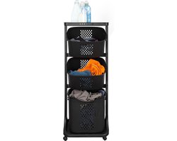 Eleganca Wasmand 3 vakken - Inhoud 82 L - Wassorteerder - Afneembare manden - Wasmand op Wielen - Ruimtebesparend - B44xD33xH109 cm - Kunststof - Zwart