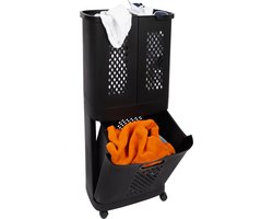 Eleganca Wasmand 3 vakken – XL Formaat 95 Liter – Wassorteerder– D31 x B45 x H90 cm – Afneembare manden – Wasmand op Wielen – Kunststof – Ruimtebesparend – Zwart