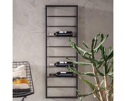 Eleganca Wijnrek – L42 x B8 x H120 cm – Wijnrek muur – Hangend - wijn rek - Ruimte voor 9 flessen – Metaal – Zwart