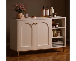 Elegance Badkamer- & Opbergkast – Stijlvol Sideboard met 2 Deuren, 3 Open Vakken en Verstelbare Planken – Luxe Wit-Gouden Beistellschrank voor Badkamer, Woonkamer en Slaapkamer – Multifunctionele Opbergoplossing 35x100x75 cm- NoviHome