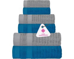 Elegance Collection Handdoeken, 550 g/m², Egyptisch katoen voor hotel, spa, keuken en badkamer, 6-delige set met 2 badkamers, 2 handen, 2 washandjes - blauwgroen + grijs