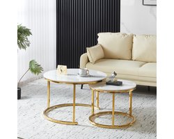 EleganceEssentials – Ronde salontafels - set van 2 – Ronde Salontafel - Ø70 & Ø50 cm – Wit Marmerlook Steen Blad – Gouden Glazend Metalen Poten - Bijzettafel - Salontafel wit