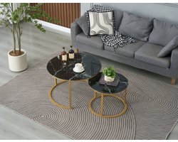 EleganceEssentials – Ronde salontafels - set van 2 – Ronde Salontafel - Ø70 & Ø50 cm – Zwart Marmerlook Steen Blad – Gouden Glazend Poten - Bijzettafel - Salontafel zwart