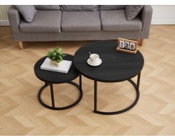 EleganceEssentials Salontafel Rond Zwart Hout Print – Bijzettafel Set Van 2 – industrieel Ø70cm & 50cm