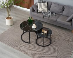 EleganceEssentials Salontafel - Set van 2 – Ø70 & Ø50 cm – Salontafel zwart – Salontafel rond - Zwart Marmer look – Modern Design