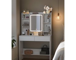 EleganceGlow™ Schminktisch mit LED-Beleuchtung – 3 Lichtfarben & Helligkeit Einstellbar – Moderner Frisiertisch mit Spiegel, 2 Schubladen, Verstellbare Ablagen, Schmuckhaken & Stauraum – Weiß HomeByNicole