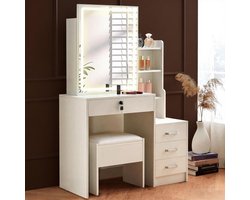 EleganceLux kaptafel met ledverlichting en kruk – moderne kaptafel met dimbare spiegel, 4 lades, grote opbergruimte en glazen oppervlak – witte make-uptafel voor de slaapkamer HomeByNicole