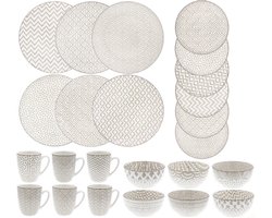 Elegant 24-delig servies Sandy – Porselein mix & match – Taupe motief op beige – Mokken, kommen, borden