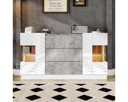 Elegant dressoir met 2 deuren en 3 lades Kast in Hoogglans Wit met Marmerlook en LED