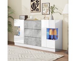 Elegant dressoir met 2 deuren en 3 lades - witte fronten en grijze marmerlook - LED-verlichting met 16 kleuren - 140 x 35 x 75 cm