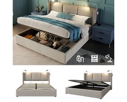 Elegant gestoffeerd bed 160×200 cm – Linnenlook met LED-leslicht & gasdruk-opbergruimte – Comfortabel dubbelsbed