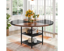 Elegant Rond Eettafel Set 120 cm voor 4 Personen met Opbergplank – Grote Houten Keukentafel met Zwarte Metalen Poten, Industrieel Design, Rustiek Bruin Eetkamertafel voor Woonkamer of Keuken – Novihome